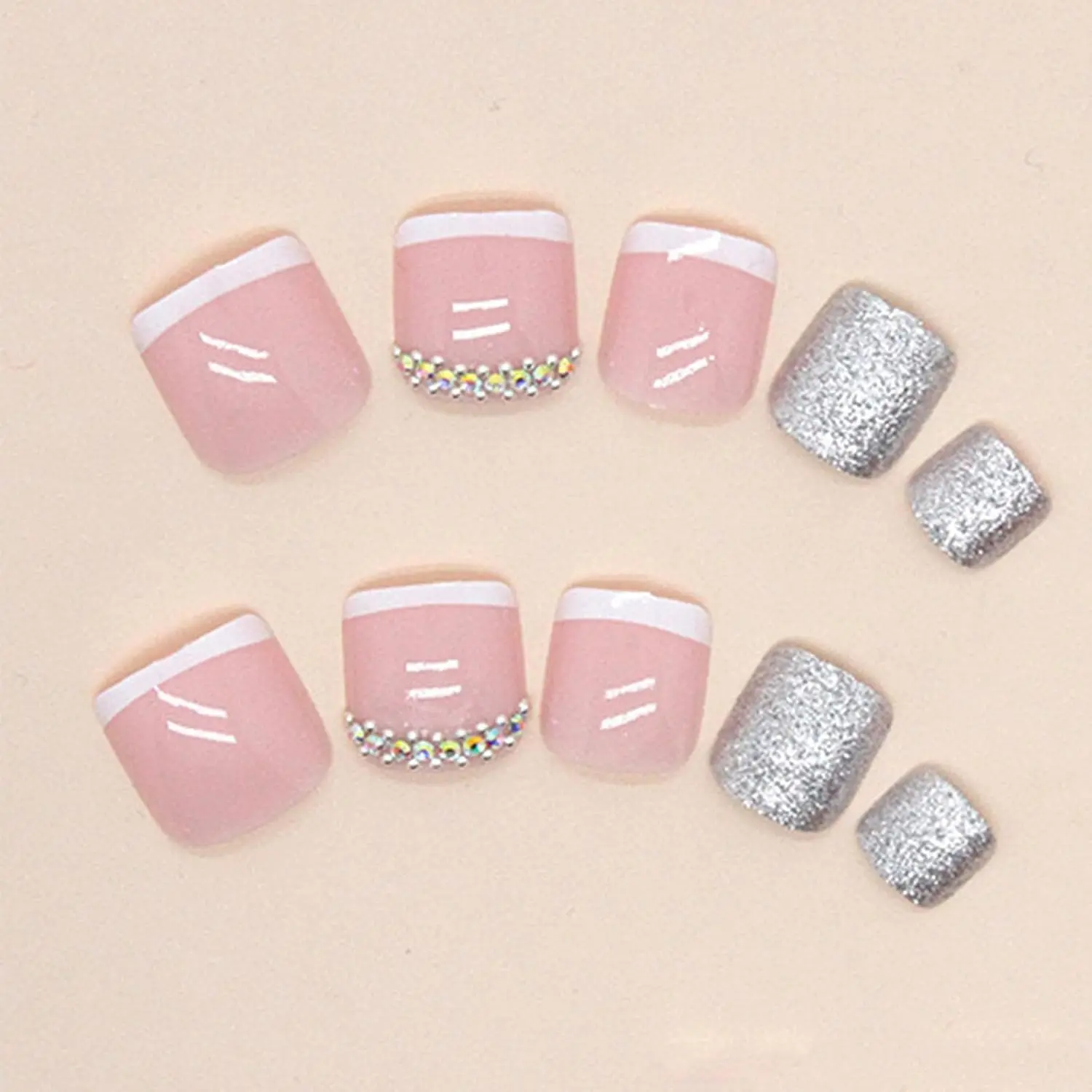 Press on Toenails French Tips Toe Nail Press ons Fake Toe Nails False Toenails Full Cover Acrylic Glue on Toe nails with Designs Rhinestones Toe Press on Nails Stick on Toe nails for Women Manicure
