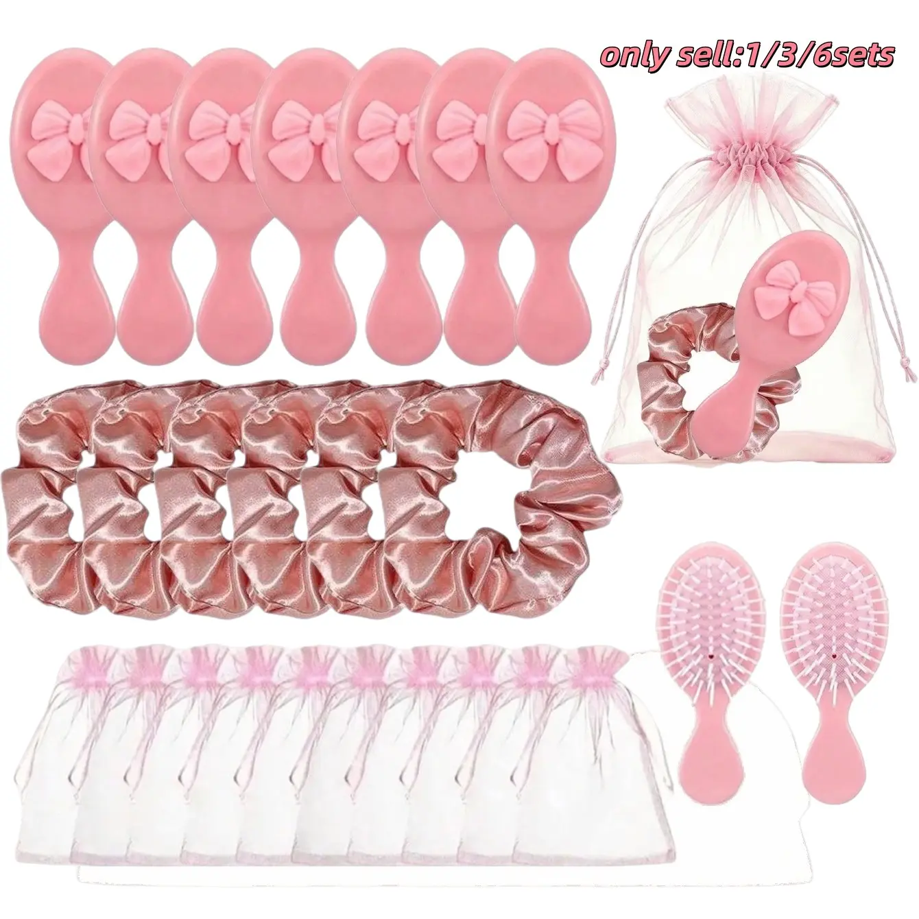 Mini Hair Comb Set, Travel Brush, Compact Makeup Mirror, Satin Hair Tie, Organza Bag, Bow, Portable Scalp Massager, Party Gift