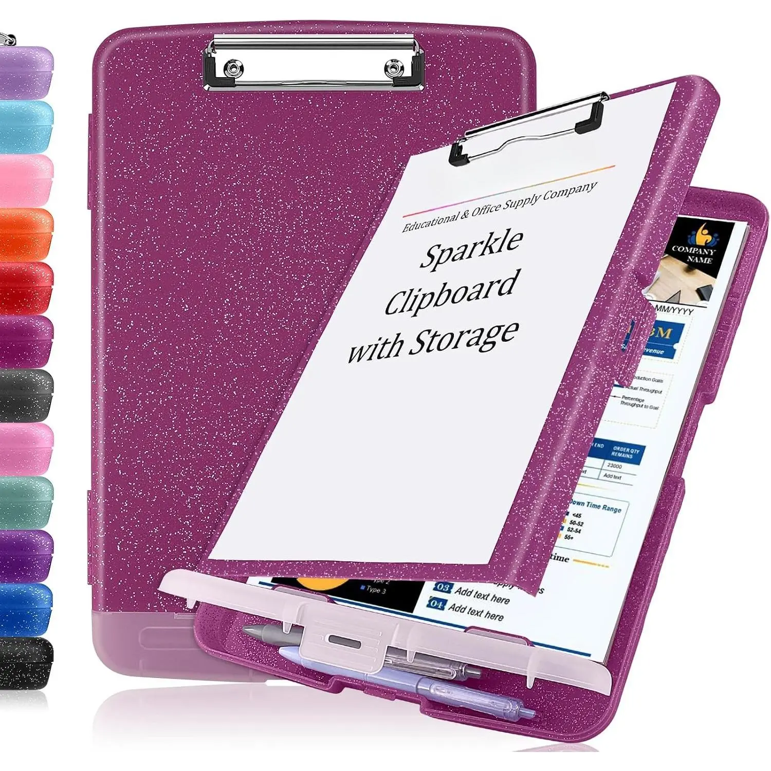 Glitter Clipboard with Storage, Clip Boards 8.5x11 with Pen Holder, Binder Clipboards with Low Profile Clip Heavy Duty Plastic  Clipboard Folder Side Opening (Glitter  Alfalfa)