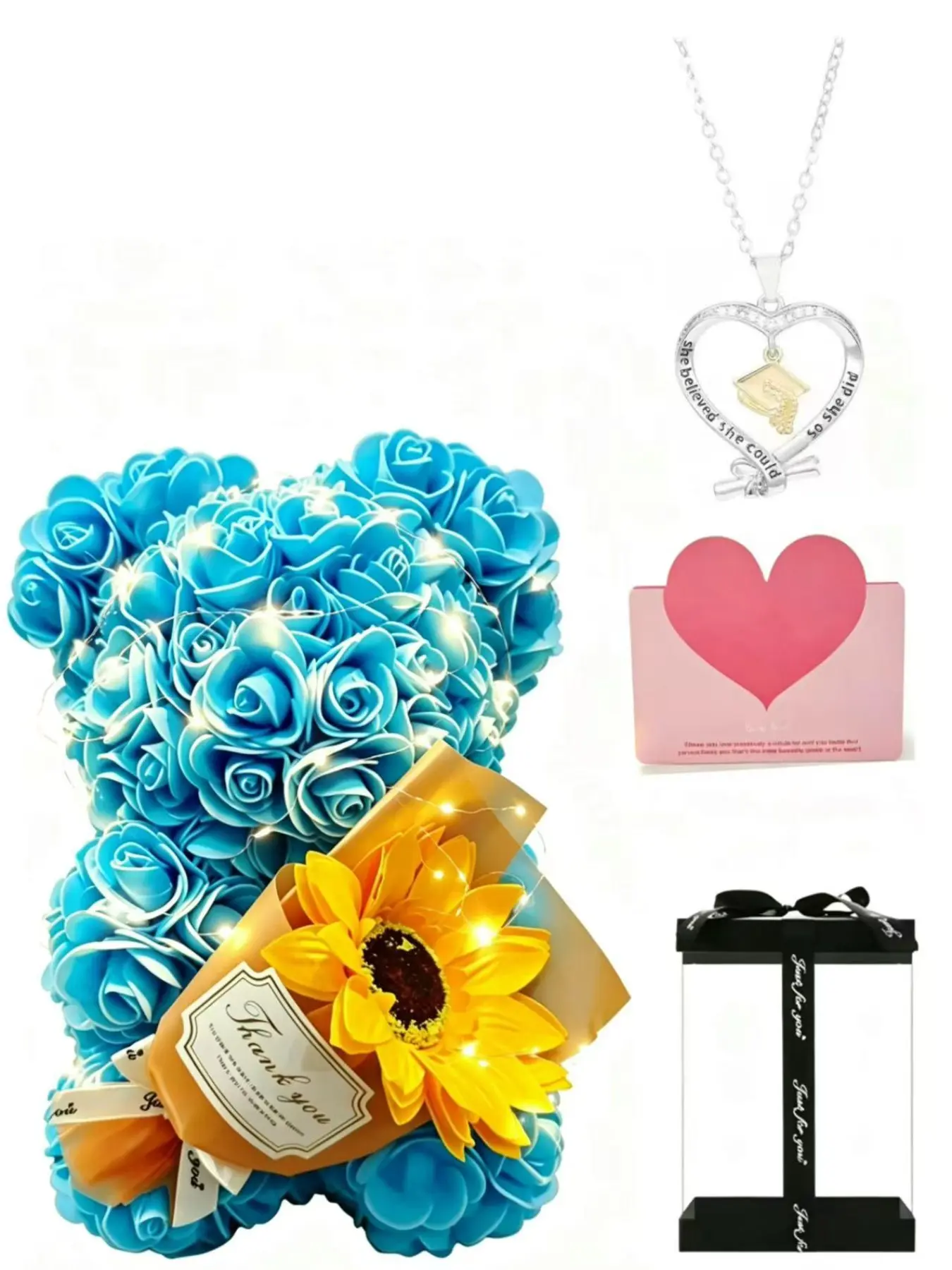 Return-To-School Gift Set, Romantic Atmosphere Warm Light, Rose Artificial Flower Bear Graduation Cap Necklace, Sunflower Rose Bear Warm Light Kit