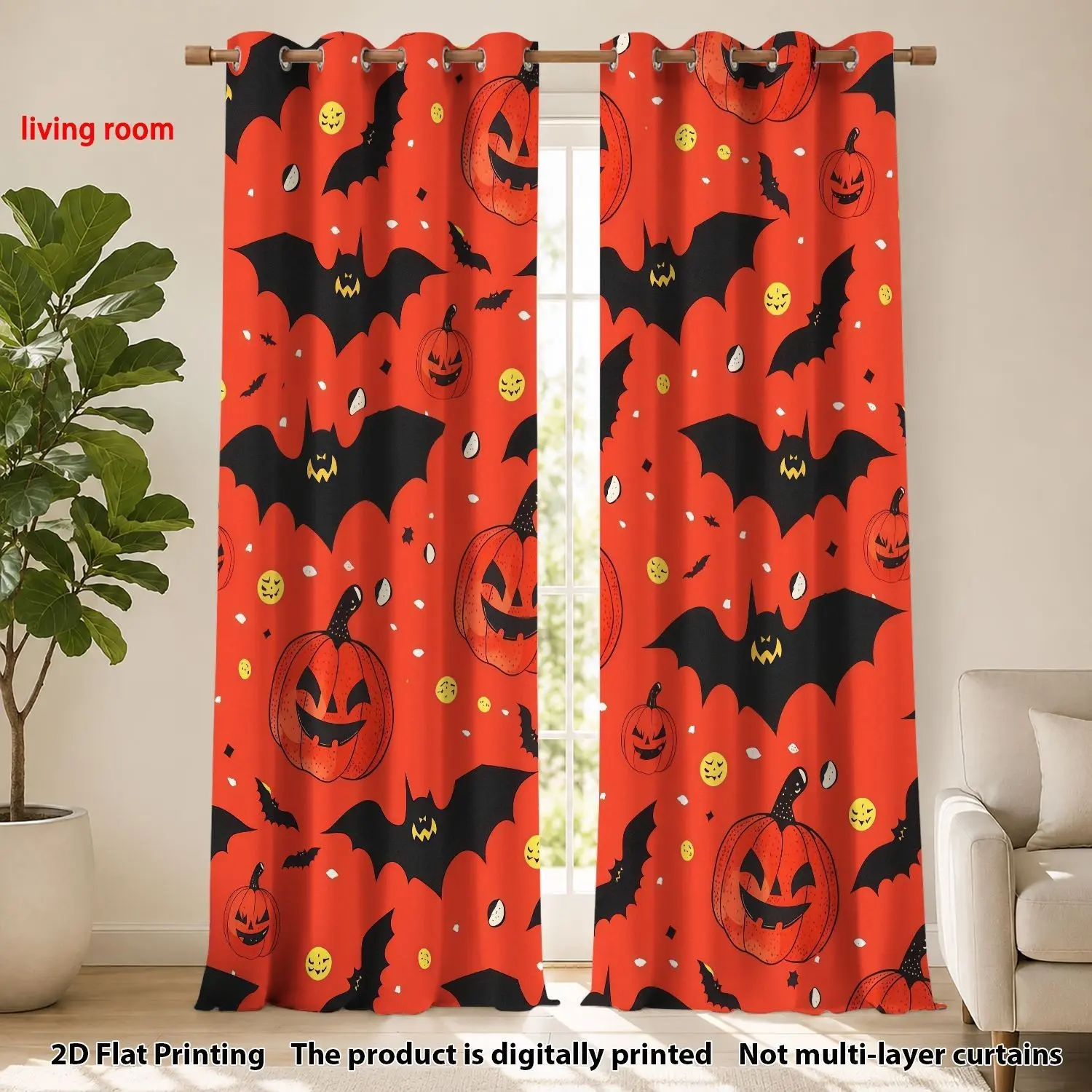 2-Pack Pumpkin Bat Rhinestone Print Curtains, Vintage Halloween Style 100% Polyester, Room Decor for Party Bedroom Living Room
