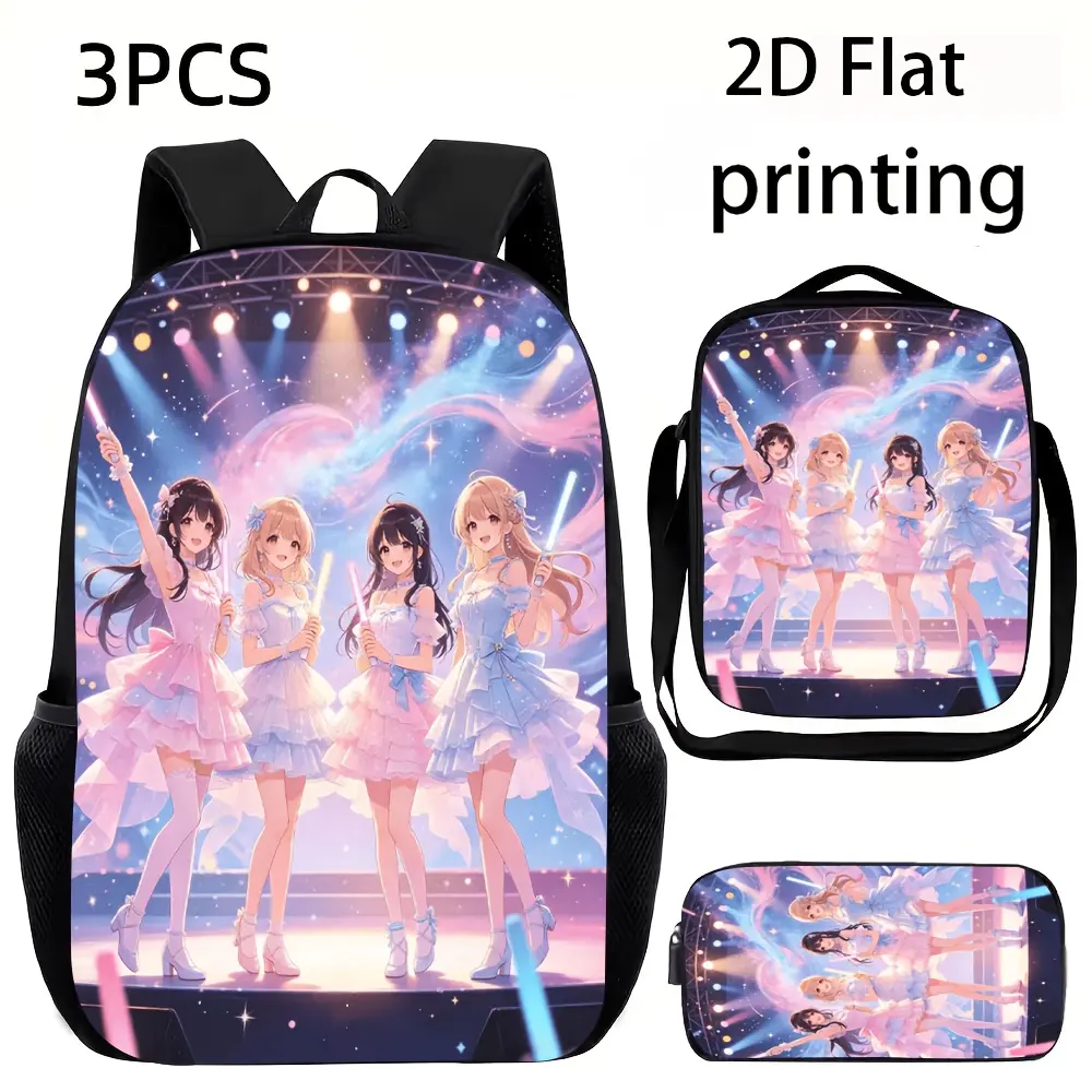 Backpacks for School 3-Piece Preppy Anime Print Set for Girls, Large Capacity Bag with Lunch Tote & Pencil Case for Daily Classes, Back To School, Zipper, Polyester