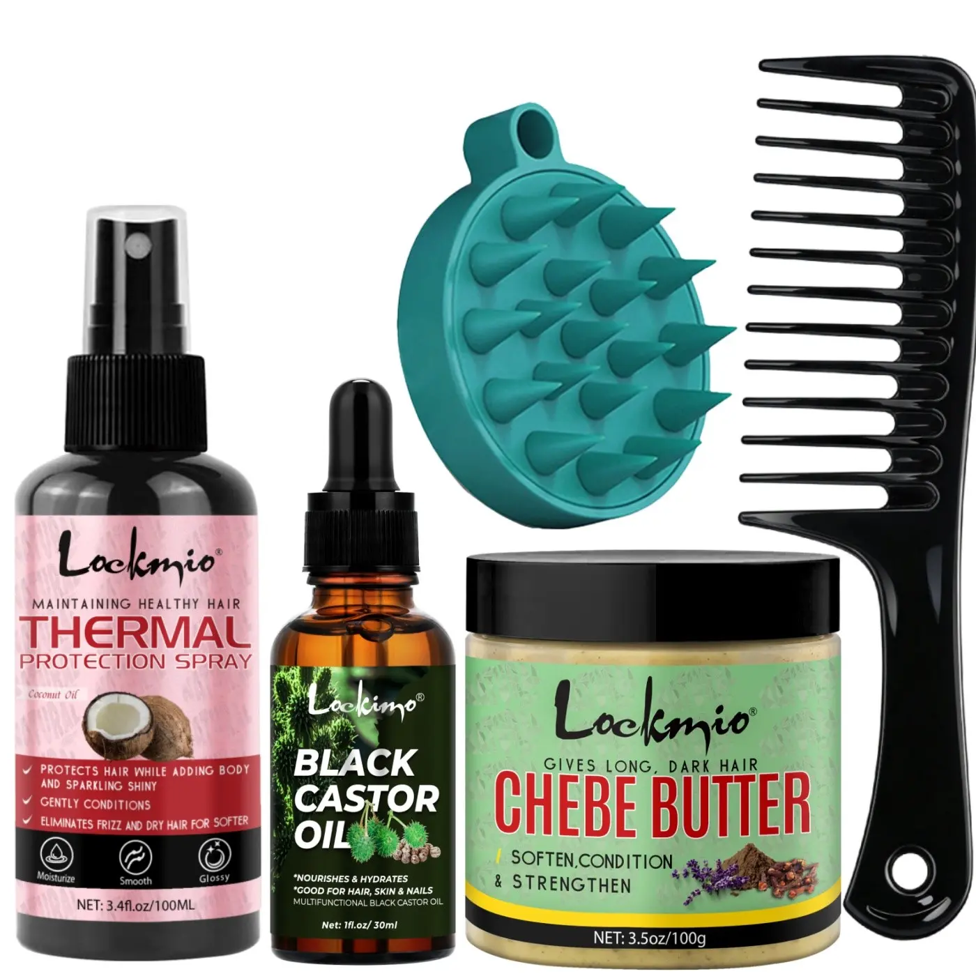 5-Piece Hair Care Set, Heat Protection Spray, No-Rinse Hair Mist, Castor Oil, Shea Butter Mask, Hydrating, Softening, Wide-Tooth Comb, Scalp Brush