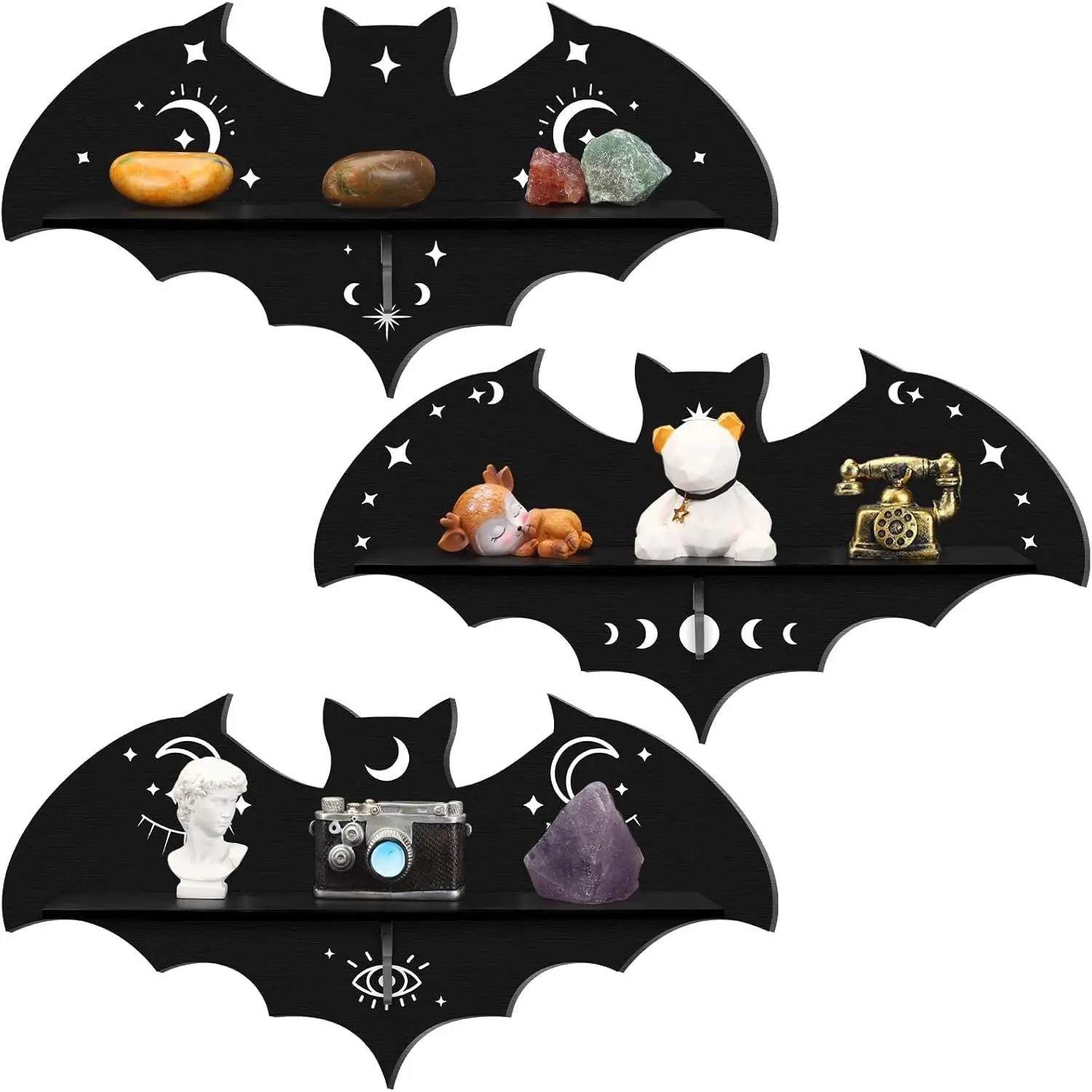 Geetery 3 Pcs Bat Floating Wall Shelf Black Gothic Wall Shelves Decor 15.74 Inch with Hooks for Halloween Party Living Room Bedroom Kitchen Bathroom