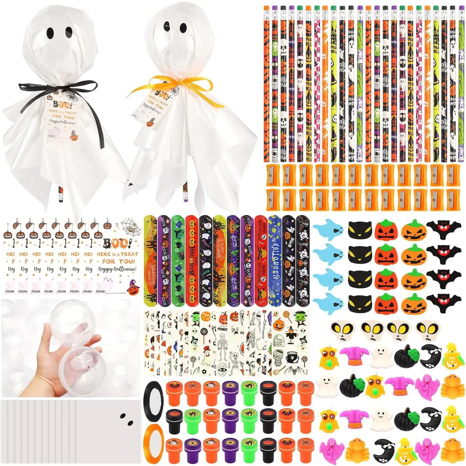 24Pack Halloween Party Favors, Halloween Classroom Gifts Giant Lollipop Gifts  Birthday Party with Gift Cards, Pencils, Erasers, Stickers, Sharpener  Classroom Exchange Party Gift