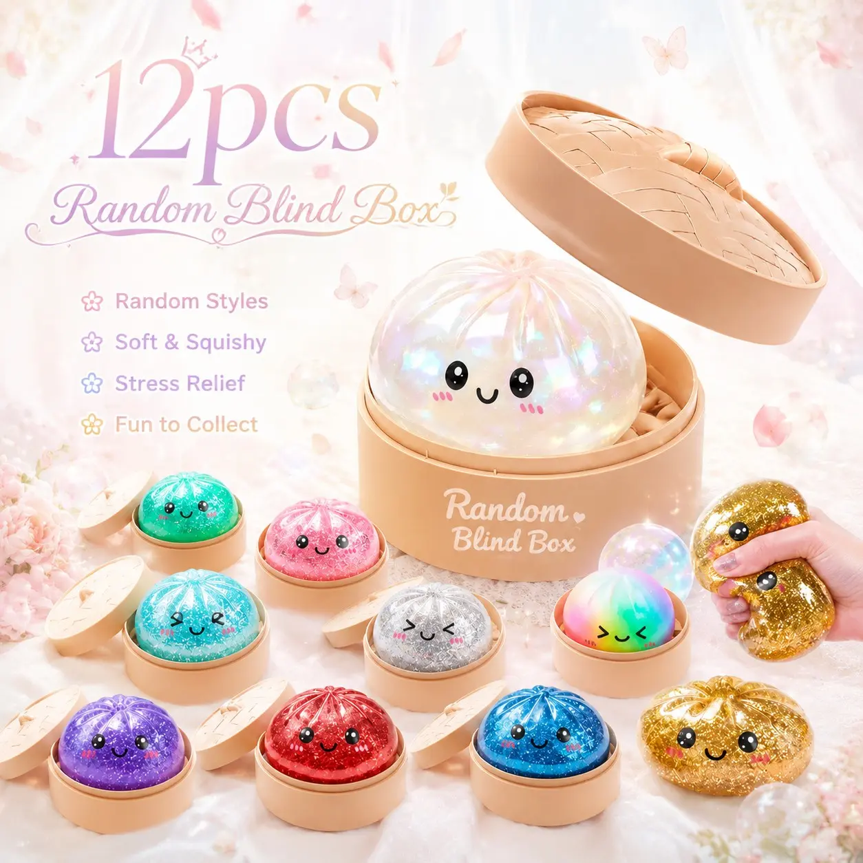 Limited Rare Sparkly Dumpling Baozi Squishy Mystery Blind Box, Slow Rebound Stress Relief Fidget, Holiday Swap Souvenir, Mini Aesthetic Desk Collectible, Silent Classroom Sensory Decor