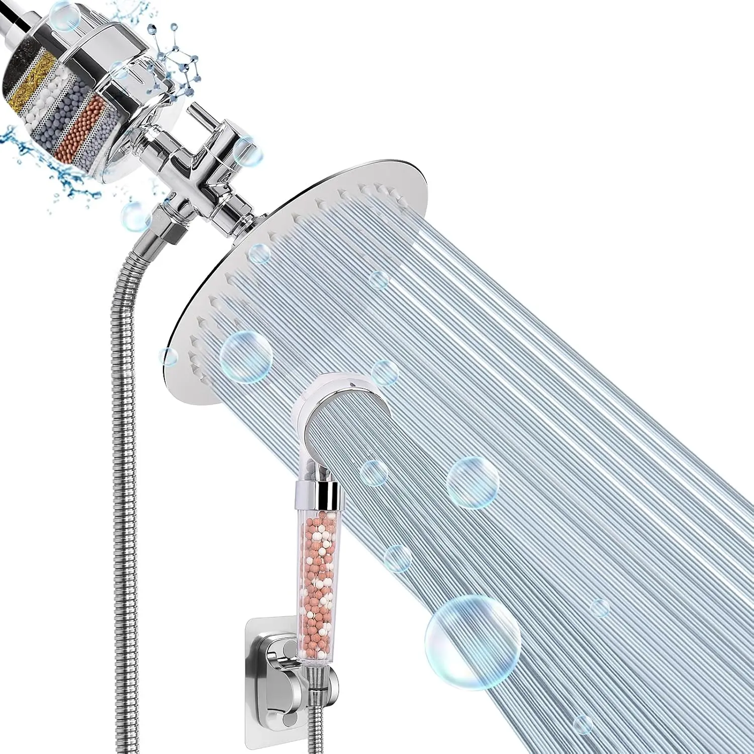 Filter Shower , High  8 Inch Rainfull with Filter Combo for Hard Water, Remove Chlorine Fluoride and Harmful Substances- 1 Replaceable Filter  (Round, Chrome)