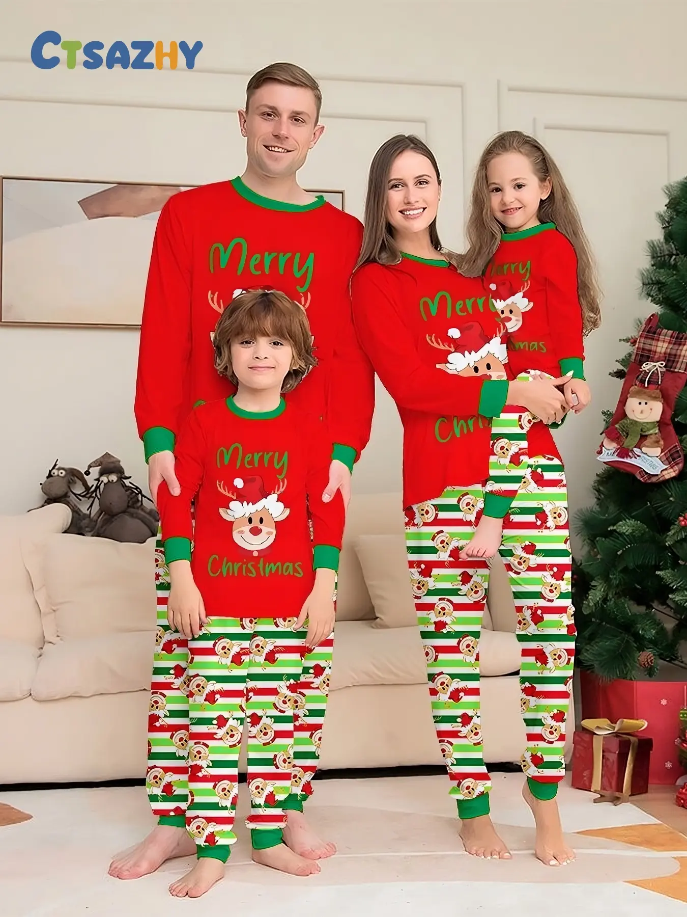 Christmas Pajama Set, Base Trim, Merry Christmas Print, Reindeer Head, Long Sleeve, Soft Breathable Fabric, Holiday Sleepwear