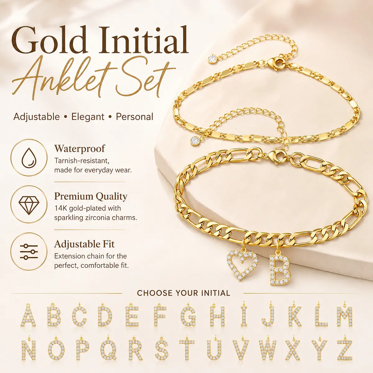 14K Gold Plated Layered Figaro Cuban Chain Anklet, 2Pcs Exquisite Initial Letter A-Z Gold Ankle Bracelets Shiny Hollow Heart Cubic Zirconia Pendant Ankle Chain Summer Beach Foot Chain Jewelry Holiday Gift