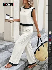 Women's Simple Colorblock Sleeveless Round Neck Top and High Waist Wide Leg Pants Set, Slimming Casual Comfortable for Daily Commute