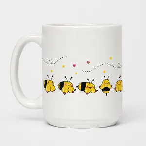 Cute Chubby Kawaii Bumblebee Border 15oz Large White Ceramic Mug,Line Of Fluffy Cartoon Bees Pink Hearts Yellow Stars Dotted Flight Trail Print Coffee Cup,Whimsical Cottagecore Spring Bee Lover Daily Oversized Drinkware