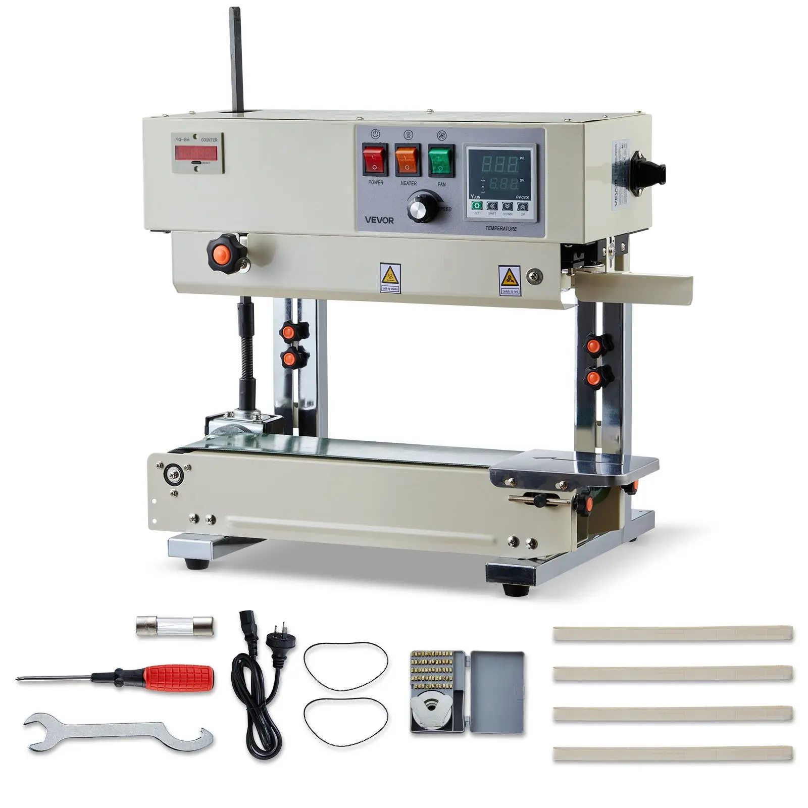 VEVOR Continuous Bag Band Sealing Machine, 0.24-0.47 in Seal Width, Vertical Band Sealer Machine with Roller Printing, Temp Speed Adjustable, Heat Sealing Machine for 0.001-0.03 in Plastic Bags