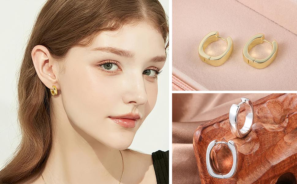 925 Sterling Silver Small Chunky Hoop Earrings for Women, 14K Gold Plated Trendy Huggie Hoops, Hypoallergenic Thick Small Hoop Earrings