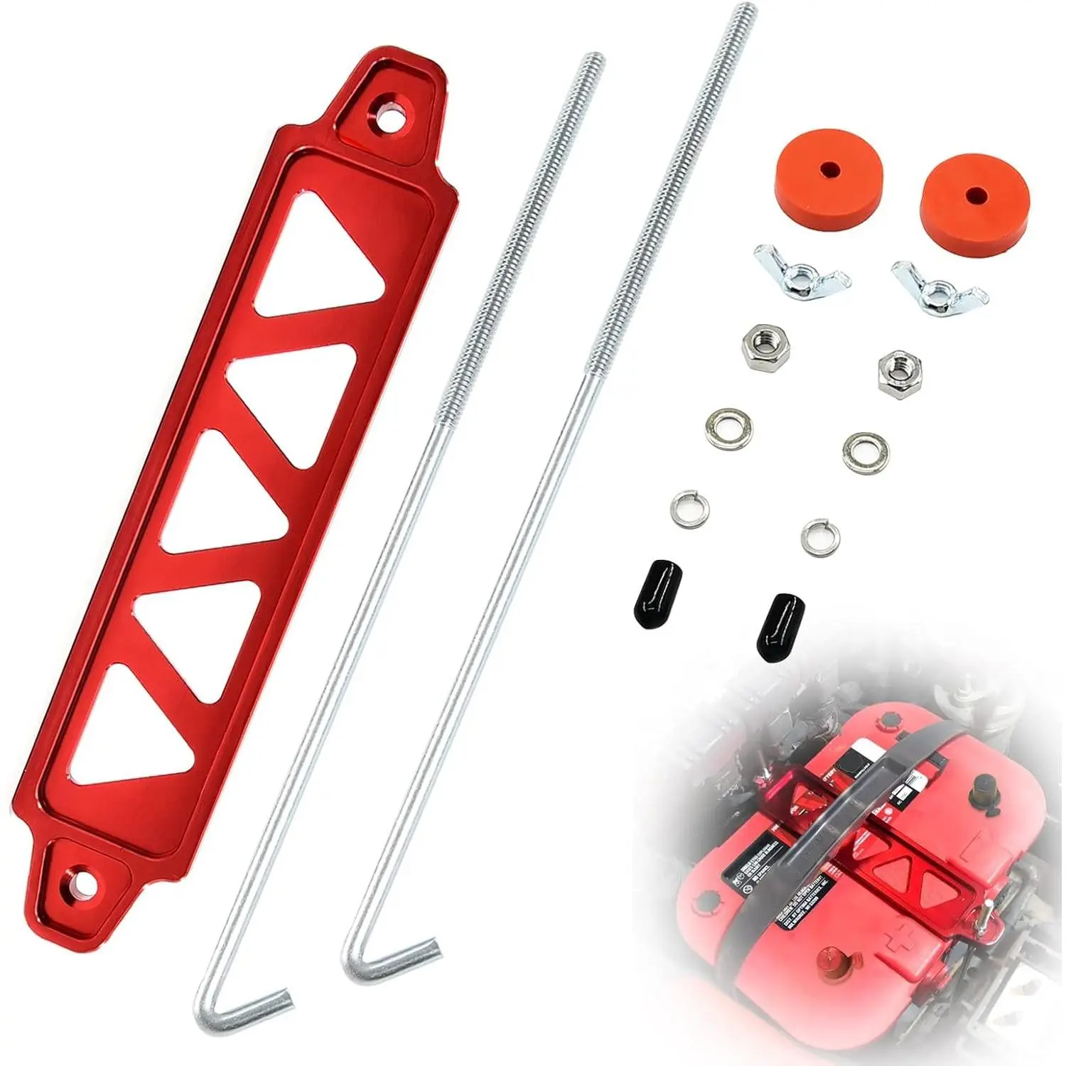 Battery Hold Down Bracket, Aluminum Alloy Battery Tie Down Bracket, Battery Tray for Car Battery Mount Bracket Hold Lock Accessories, Car Battery Lock Down- with 10in J Bolts (Red)