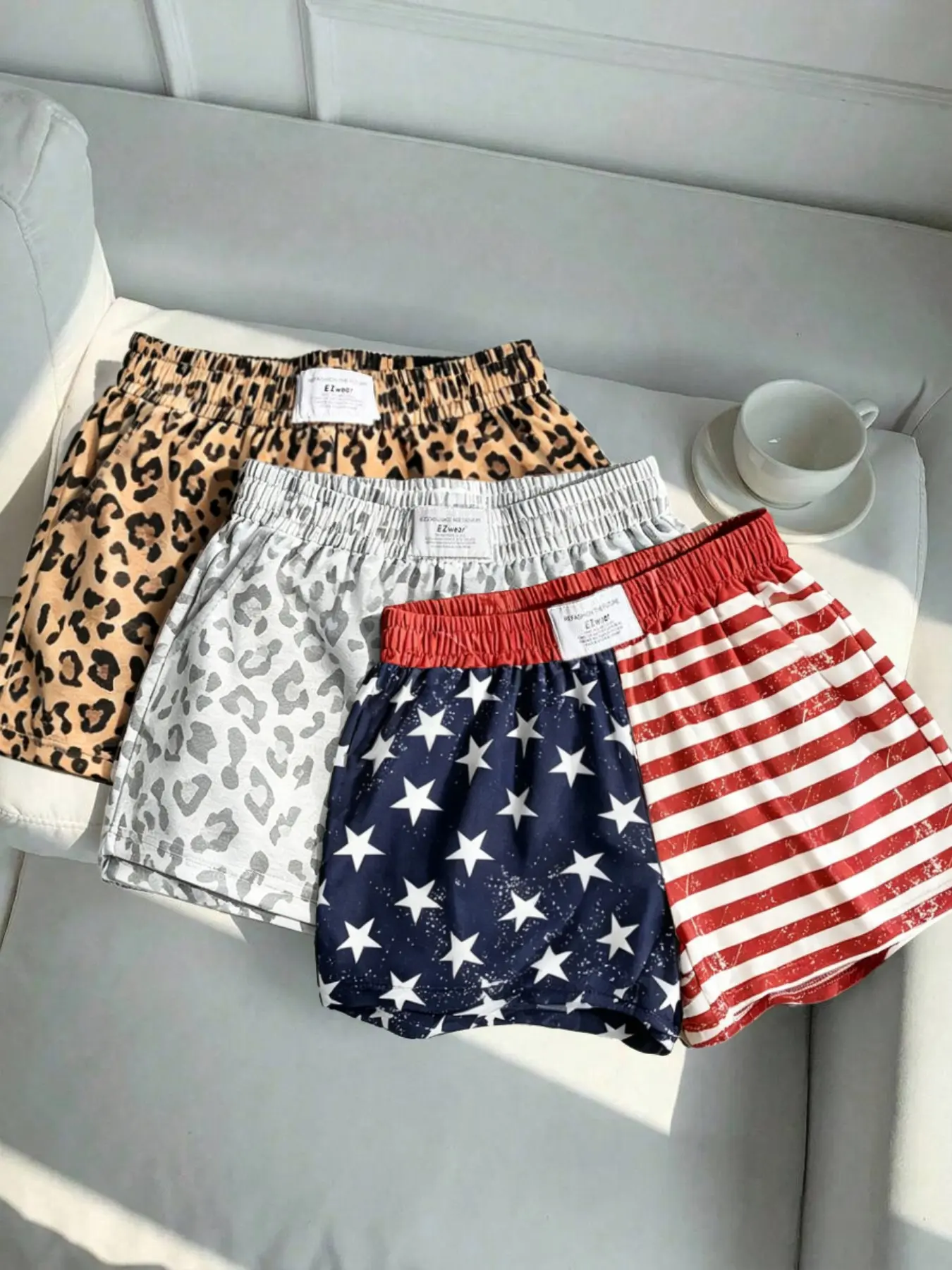 3-Pack American Flag & Leopard Print Retro Vintage Casual Loose Baggy Shorts for Women, Ideal for Daily Commute & Outdoor Wear, Fashionable Summer Bottoms