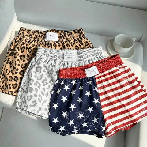 3 pieces, women's Y2K summer new American flag+leopard print full print casual shorts, loose and comfortable, suitable for daily home and outdoor wear, can be worn on Independence Day and the 250th anniversary of the United States, Casual Festival Shorts