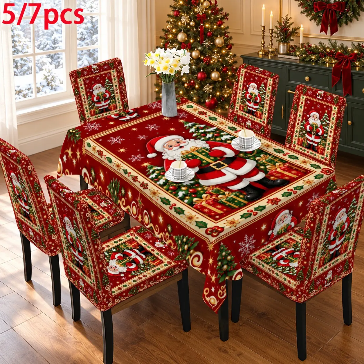 5PCS/7PCS Christmas vintage Santa Claus tablecloth chair cover set (1 tablecloth+4/6 chair covers) 140 * 210cm tablecloth, easy to disassemble and wash, suitable for autumn home decoration/kitchen decoration; Suitable for camping, weddings, rooms, hotels