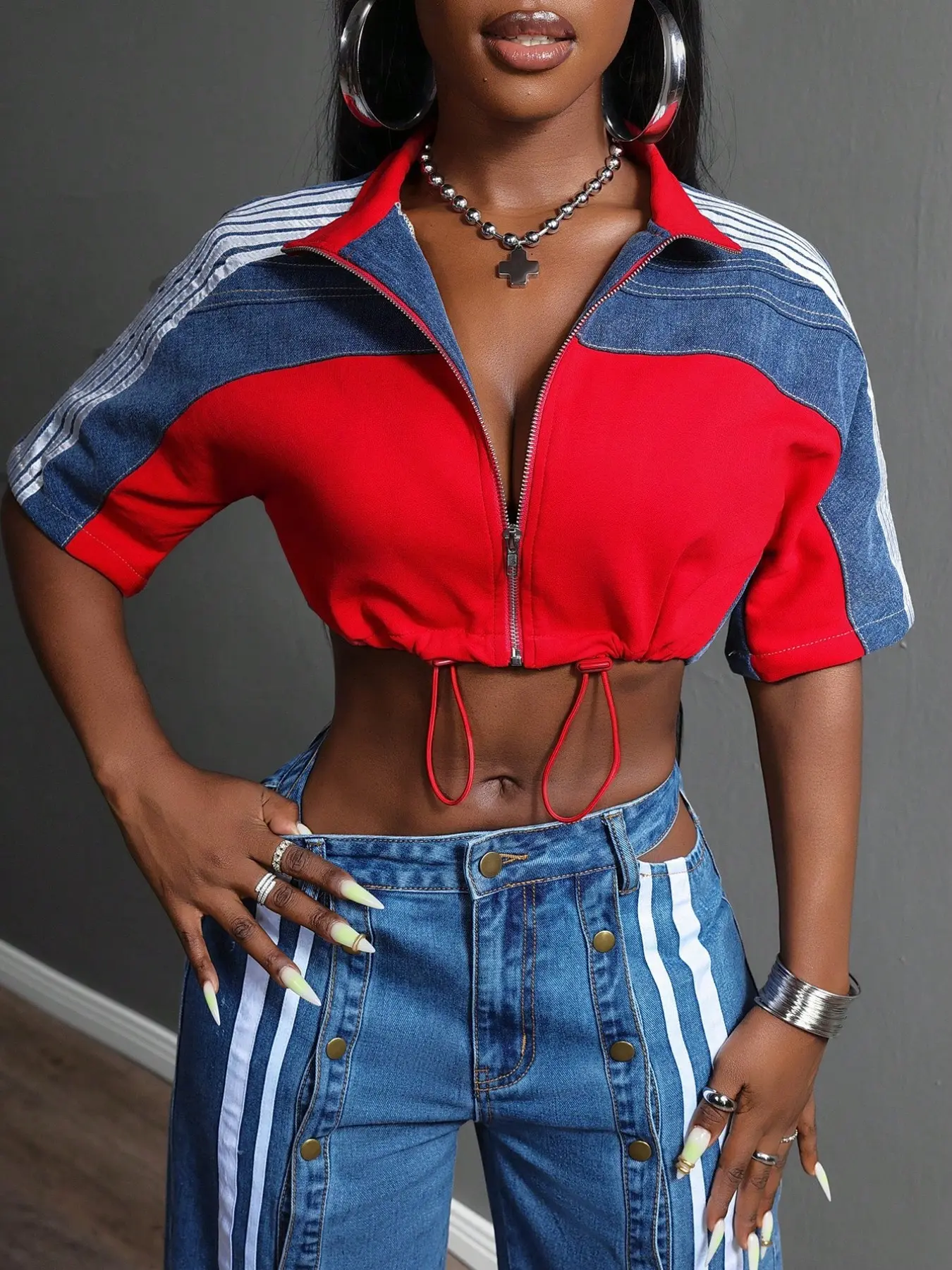 Women's Colorblock Side Stripe Zipper Jacket, Multi-Pocket Design, Casual Style, Comfortable and Fashionable Denim Jacket for Daily Wear