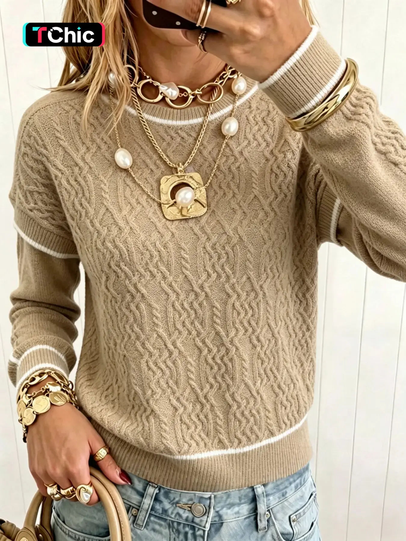 Autumn Winter Colorblock Round Neck Long Sleeve Pullover, Casual Loose Fit Knit Top, Patchwork Sleeves, Trendy Women's Sweater, Comfortable and Stylish Knitwear