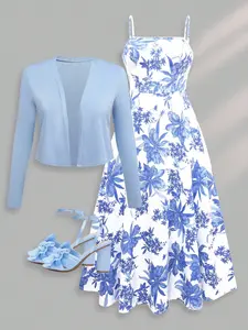 Elegant French Style Printed Dress Set, Summer Vacation, Romantic Long Dress for Dates, Beach Photoshoot, Light Mature Fashion Casual Wear Ff2621
