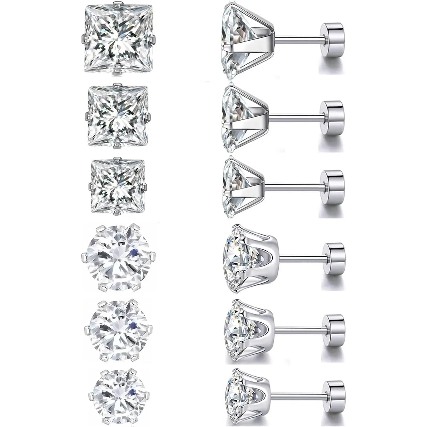 Titanium Flat Back Earrings - Pack of Surgical Stainless Steel Round Square Princess Cut CZ Screw Back Stud For Women Men Hypoallergenic Cubic Zirconia Earrings