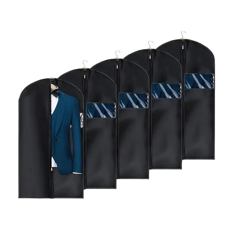 5-Pack Black Reusable Fabric Garment Bags with Panels - Suit Storage Dust Cover for Cabin Storage, Suits, Shirts, Dresses