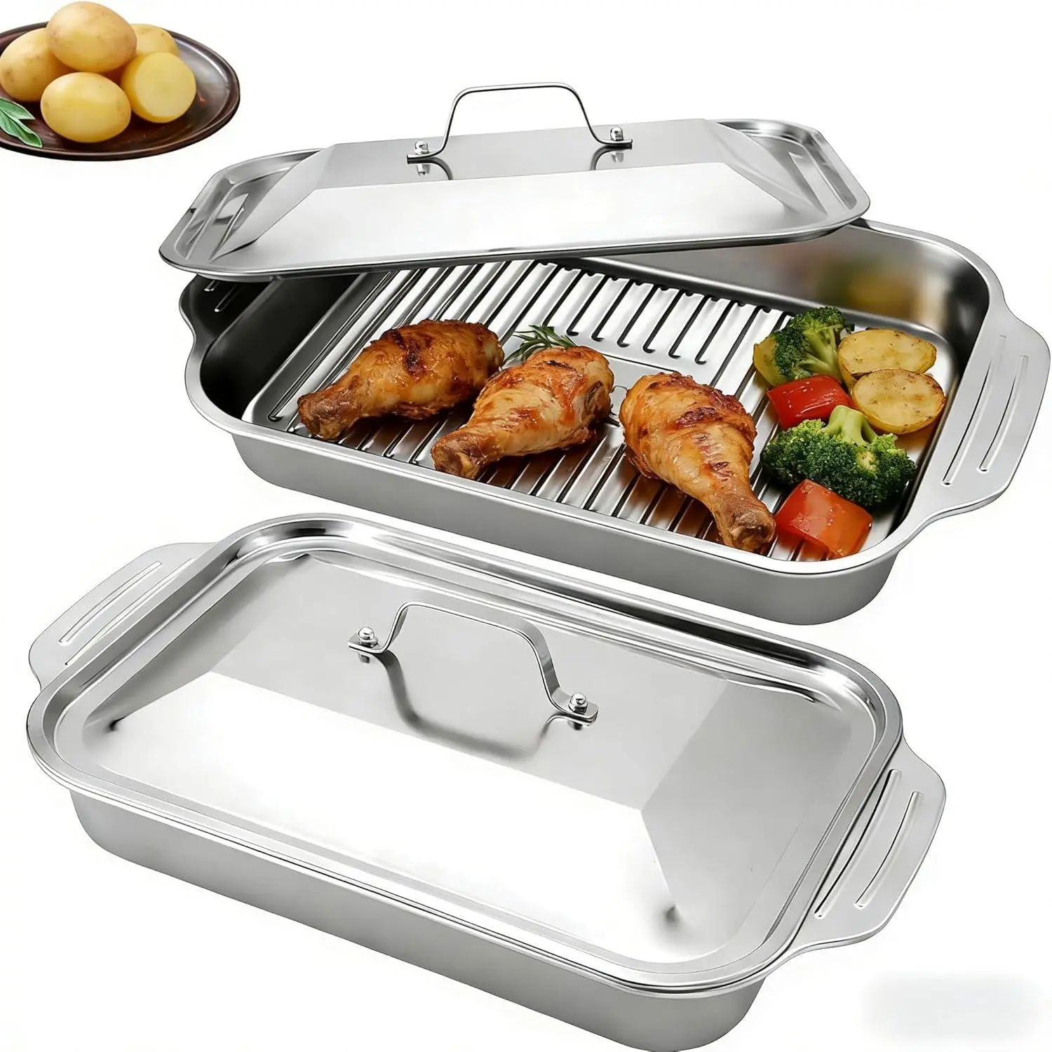 Stainless Steel Lasagna Pan with Lid - Set of 2 Deep Rectangular Baking Pans 16"x9.5"x3.2" for Lasagna, Cakes, Roasting & Buffet, Dishwasher Safe Anti-Rust, Ideal for Restaurant & Home Use