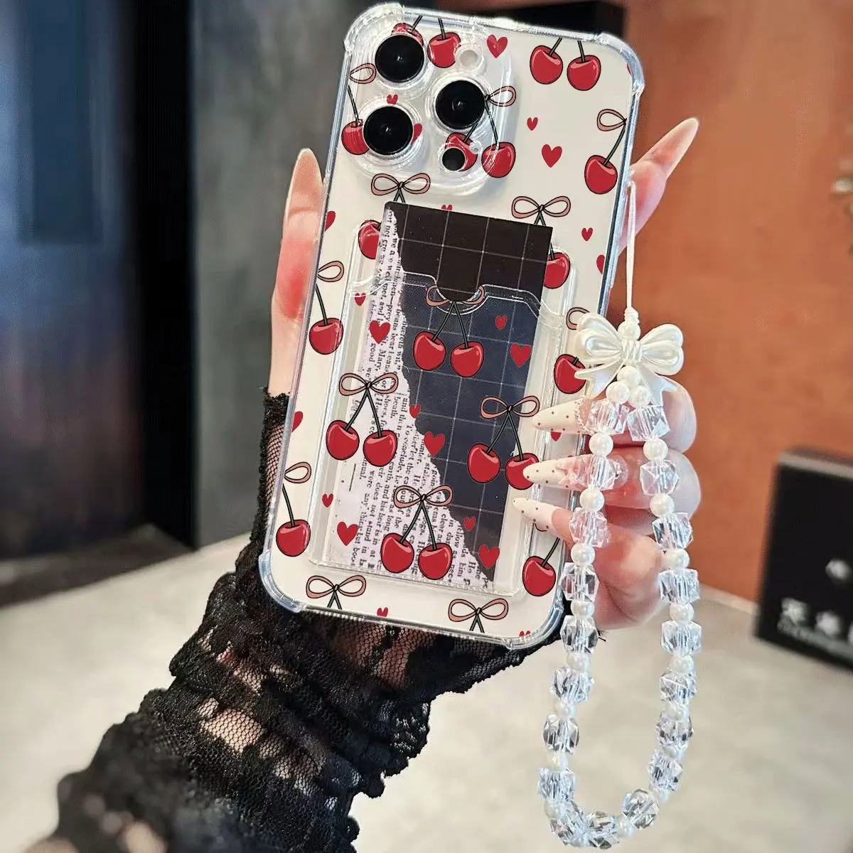 Red Cherry Bow Heart Pattern Phone Case Y2K Romantic Aesthetic Shockproof Cover with Card Slot Beaded Strap for iPhone11-17promax IPhone11/12/13/14/15/ Promax16/16Promax/16pro/16plus