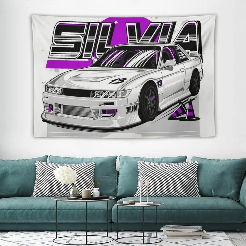 1pc Japanese JDM Car Art Tapestry - White S13 Silvia with Black Wheels, Dynamic Racing Design, Aesthetic Wall Decor for Bedroom, Living Room, Dorm - Perfect Gift for Automotive Fans & Drift Enthusiasts, Indoor Use, Horizontal Hanging, Stylish Home Decor f
