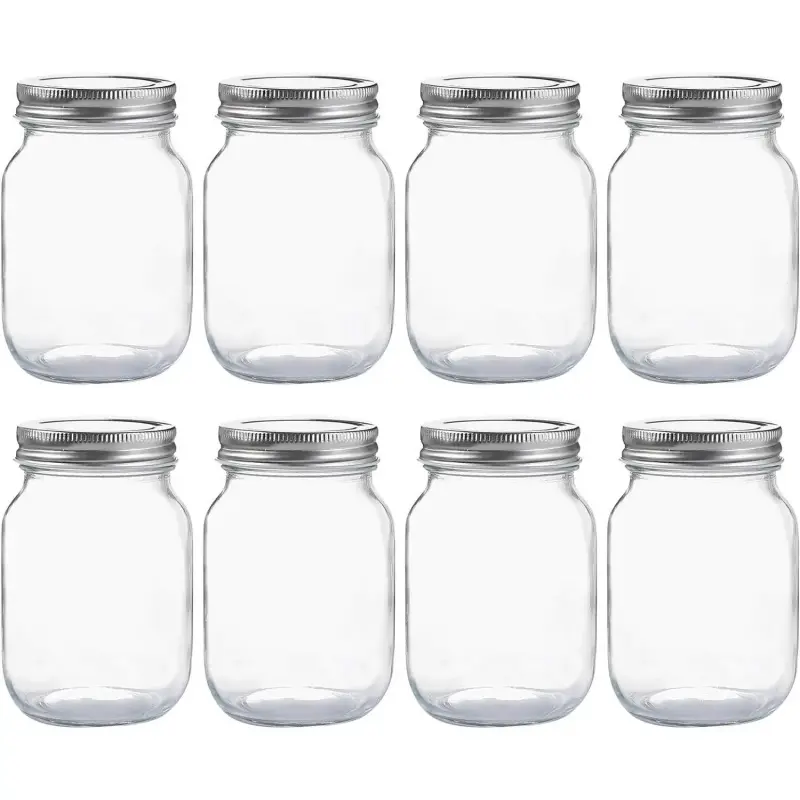 Glass Regular Mouth Mason Jars, 16oz Clear Glass Jars with Silver Metal Lids for Sealing, Used for Food Storage, Overnight Oats, Dry Goods, Snacks, Candy, Project Jars (Pack of 8)