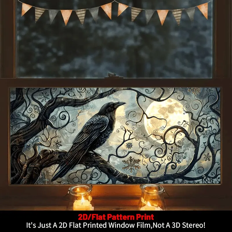 Gothic Style Art Window Decal, Decorative Sticker, Window Stickers, 2D Flat Crow and Moon Night Pattern, PVC Static Adhesive, Home Decor, Privacy Protection, Halloween Gift