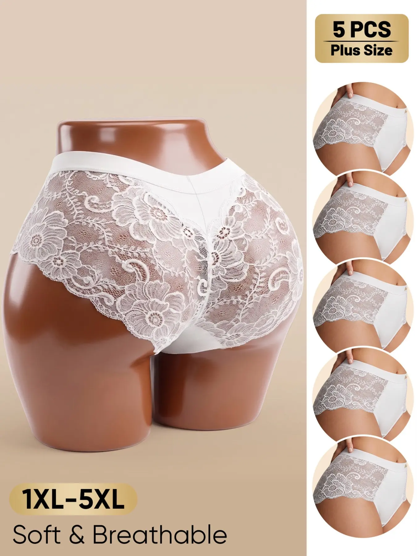 5-Pack Plus Size Underwear, Sexy Lace Back, Breathable Soft Fabric, Ideal for Curvy Bodies, Daily Wear, All Seasons