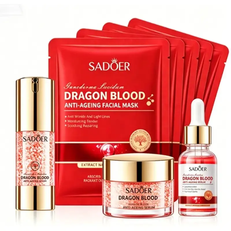 Dragon Blood Ganoderma Skin Care Moisturizing Intensive Repair Anti Aging Set With Essence Cream Lotion & 5 Sheets Mask Nourishing Repair Daily Facial Care