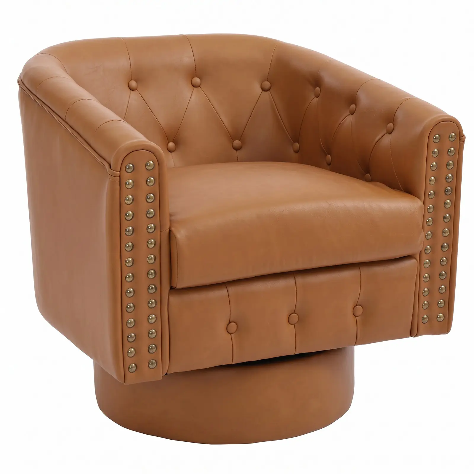 Swivel Barrel Accent Chair, 360° Leather Armchair with Rivets & Curve Back, Comfy Round Chair for Living Room, Bedroom