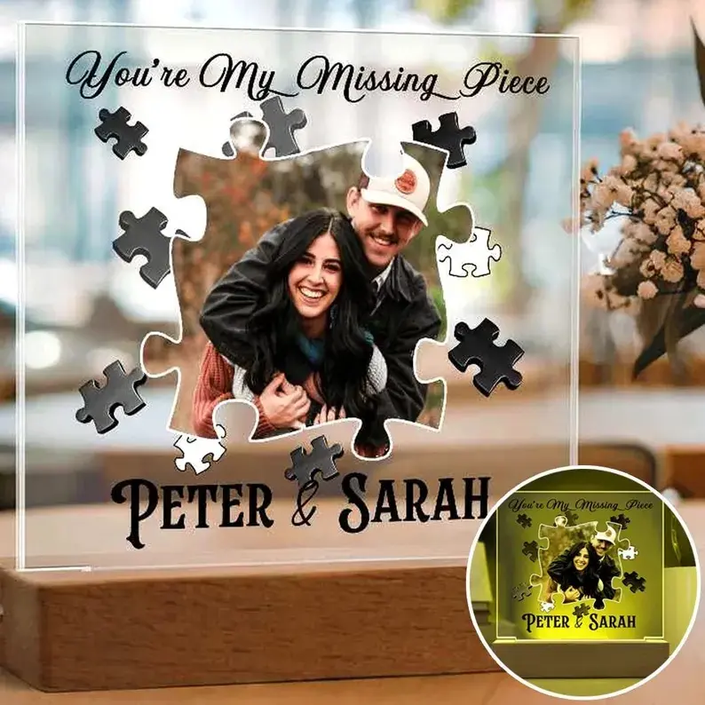 Personalized Puzzle Acrylic Plaque, You're My Missing Piece LED Light, Custom Photo Gift for Couples, Anniversary, Wedding, Valentine's Day, Halloween Christmas Gift