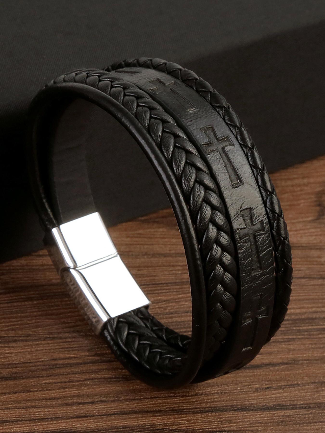 Men's Vintage Cross Design Braided Leather Bracelet, Street Style Party Jewelry Accessories, Daily Clothing Decor, Birthday Holiday Gift