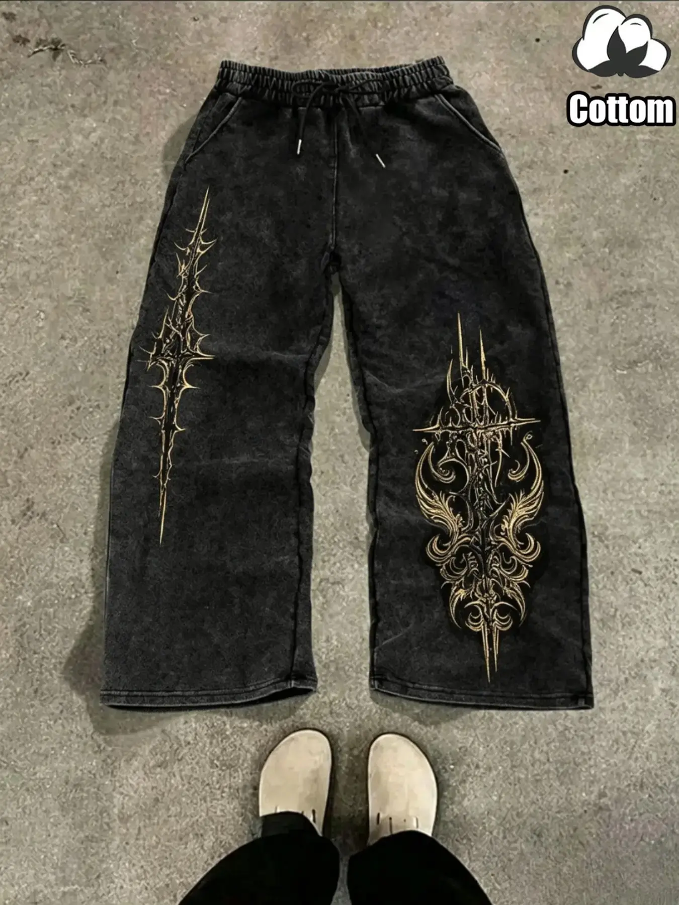 Men's Vintage Washed Black Gothic Graphic Sweatpants, Drawstring Baggy Wide Leg Pants, Tribal Thorn Y2K Streetwear Joggers for Fall Winter