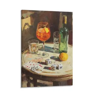 Retro Poker and Wine Canvas Wall Art Vintage Cocktail Oil Painting Framed Poster for Bar Cart Decor Game Room Decor Men Cave Wall Decoration Moody Aesthetic Dining Room Poker Night Art Gift