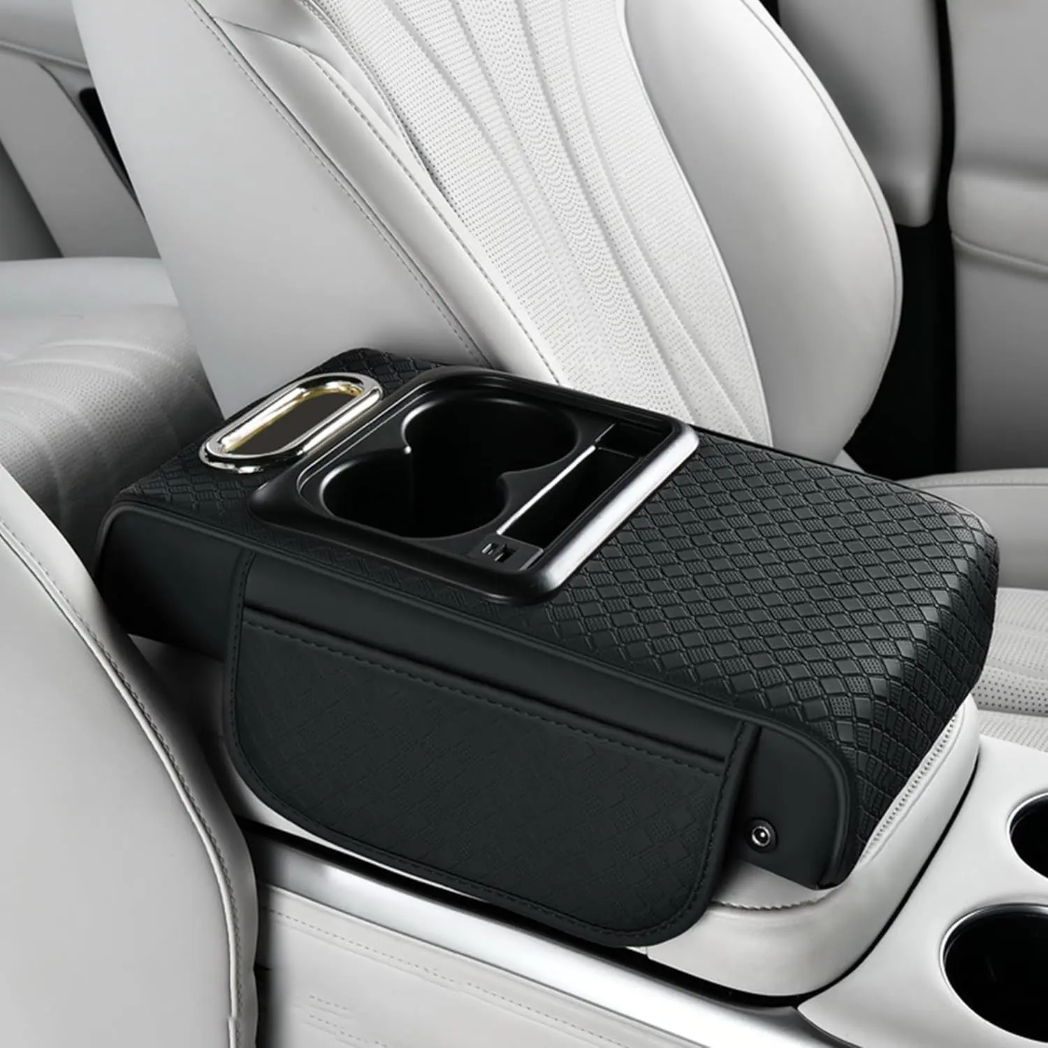 Armrest Box Mat - Multi-Functional Black Leather Center Console Cover  Height Enhancement Cushion with Storage Box Cup Tissue Phone Holder Card Pocket for  Interior Accessory