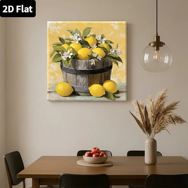 2D Flat 1pc Framed Canvas Wall Art Wall Decor for Bathroom And Wedding Decorations, Lemons And Blossoms in Basket, Wall Decor for Living Room Bedroom Bathroom, Artwork Decoration for Bedroom Decor, Local Warehouse
