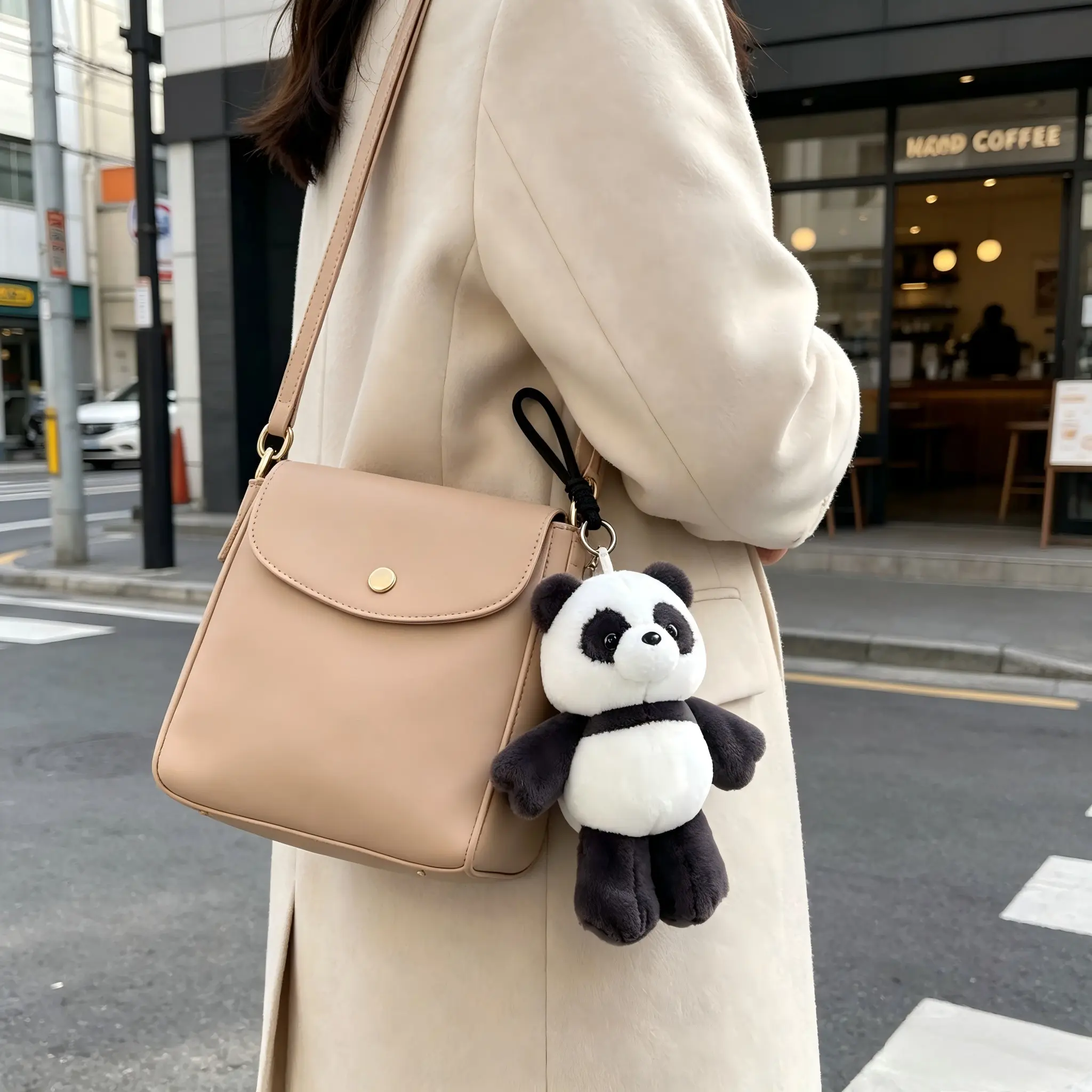 1PC running panda plush toy pendant, paired with a black lanyard panda bag, keychain, pants decoration, and a good souvenir for a friend's party