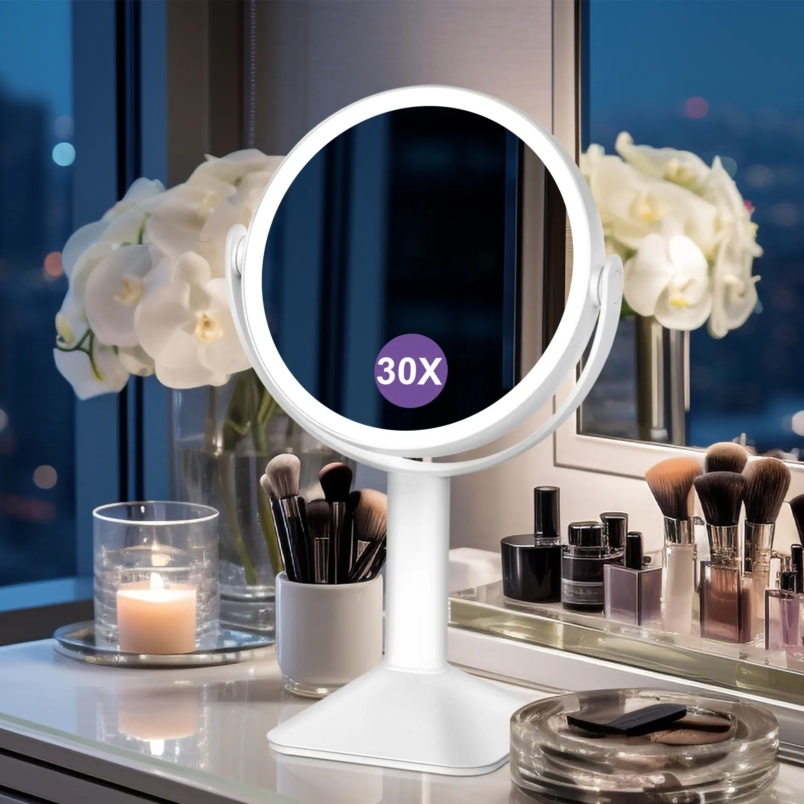 Makeup Mirror with Lights And 30X Magnification, 30X/1X Magnifying Vanity Mirror with Lights, 8.5 Inches 2600mAh Rechargeable Makeup Mirror with 3 Color Dimmable Lights, Tweezers, Touch Switch, 96 LEDs, Gifts for Wedding, Birthday