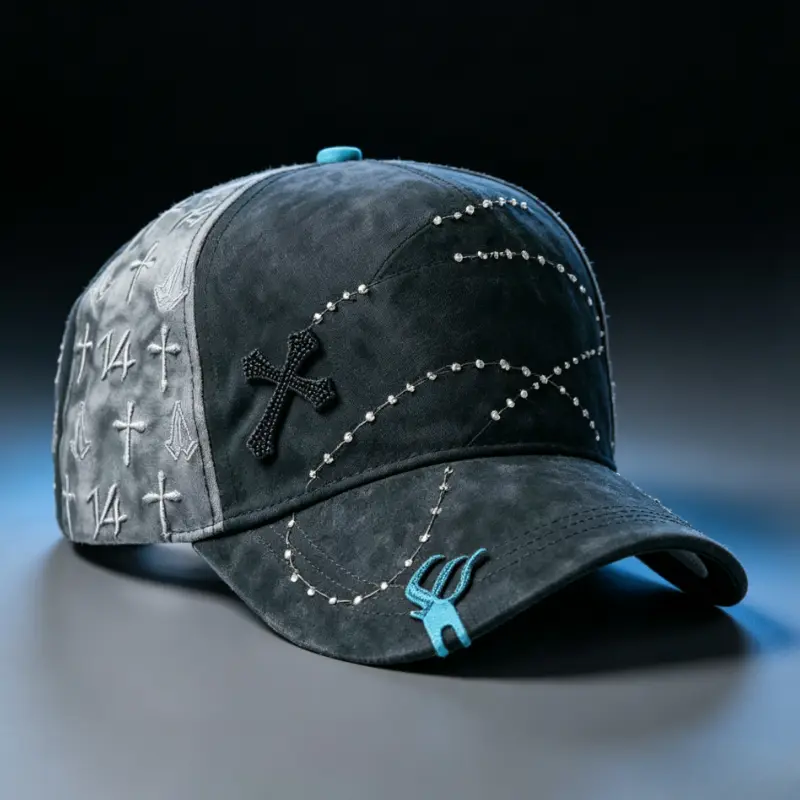Barbas Hats Gothic Cross Trucker Cap| Black Grey Distressed Rhinestone Baseball Hat| Premium Streetwear Snapback for Men Women