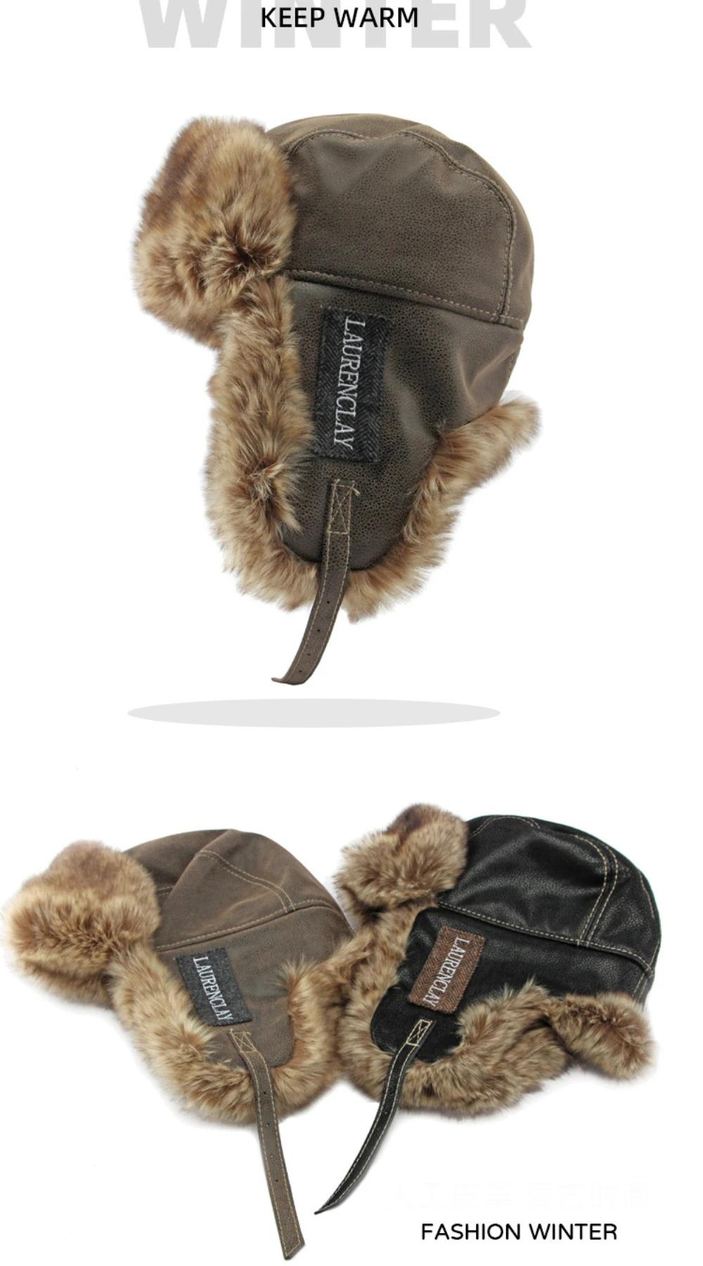 HT4241 Bomber Hat New Thick Warm Men Women Russian Fur Hat Male Windproof PU Leather Ski Trapper Earflap Cap Winter Hat Ushanka