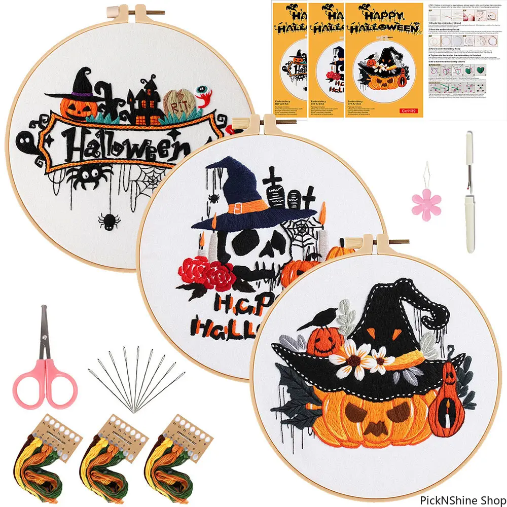 Halloween Embroidery Crafting Kit - DIY Synthetic Felt Cross Stitch Project with Pumpkin, Cat & Bat Ornaments - Beginner-Friendly Gift for Home Decor, Creative Craft Kit, Diy Handmade Craft