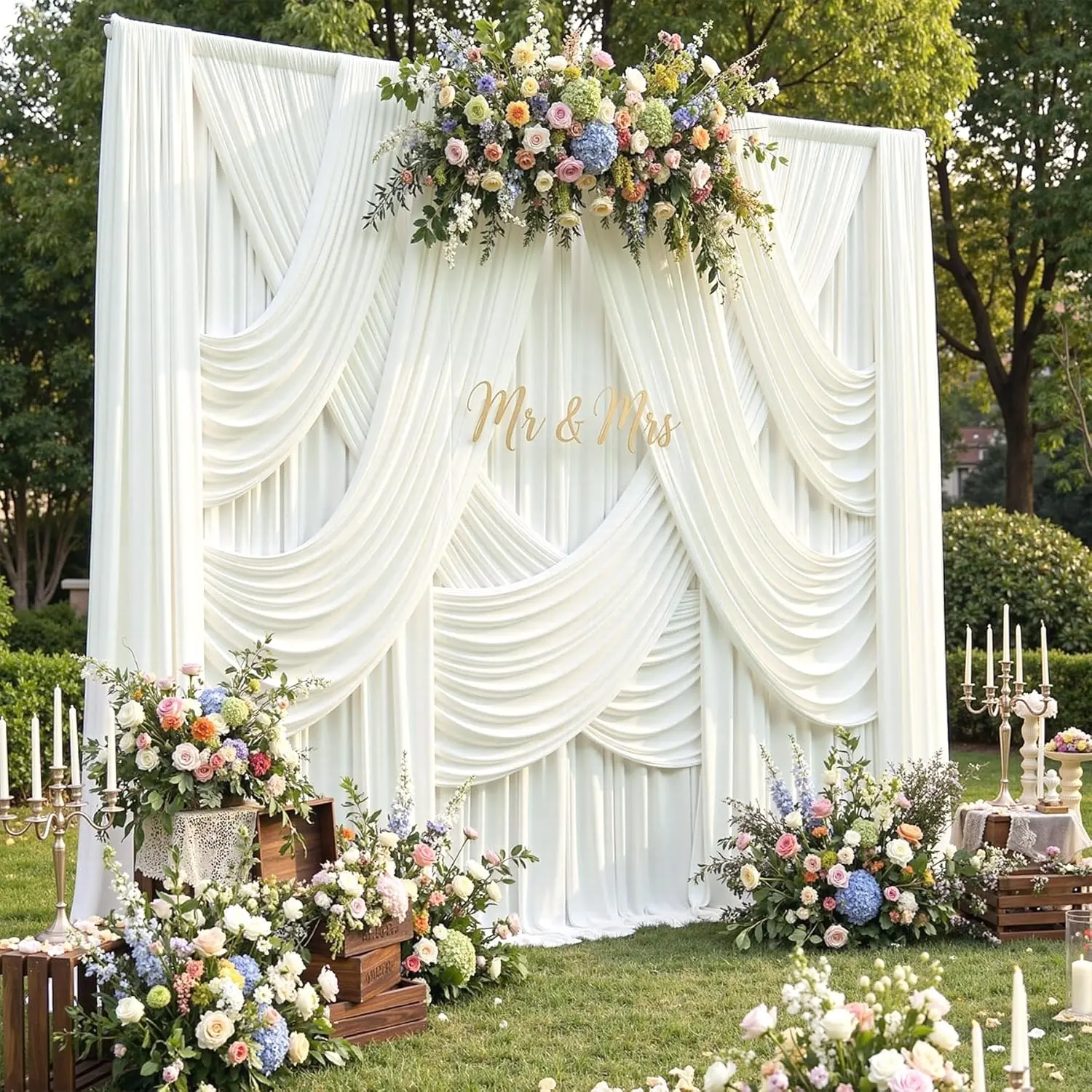 Wrinkle-Free Polyester Ivory Backdrop Curtains - 6 Panels (30ftx15ft, 15ft Long Smooth Drape), Photo Backdrop Cloth for Wedding Party & Birthday Photography Background