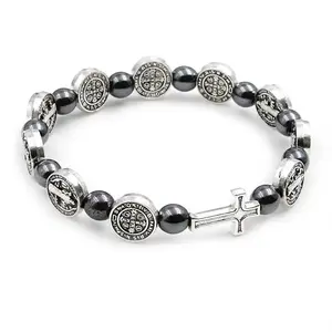 Fashion Catholic Rosary Bracelet St. Benedict Medal Cross Prayer Bracelets Hematite Beads Religion Jewelry Accessories