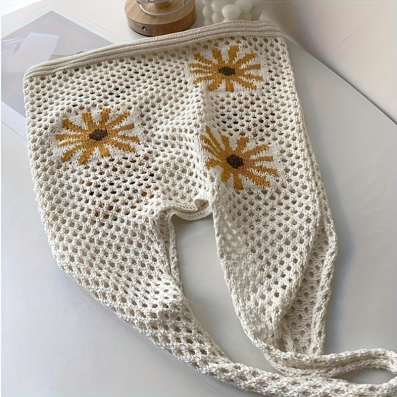 Crochet Shoulder Bag for Women with Floral Embossed Sunflower Design Beige Polyester Open-Top Tote Bag Spacious Bohemian Style Casual Handbag for Beach Outings 4 Seasons  Organiser