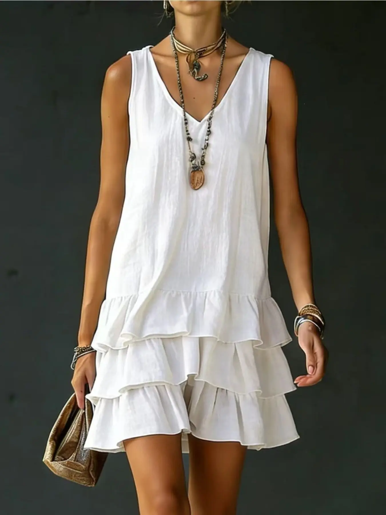 Women's Vintage V-Neck Sleeveless Layered Ruffle Tank Dress, Loose-Fit Boho Casual Beach Vacation Wear for Summer