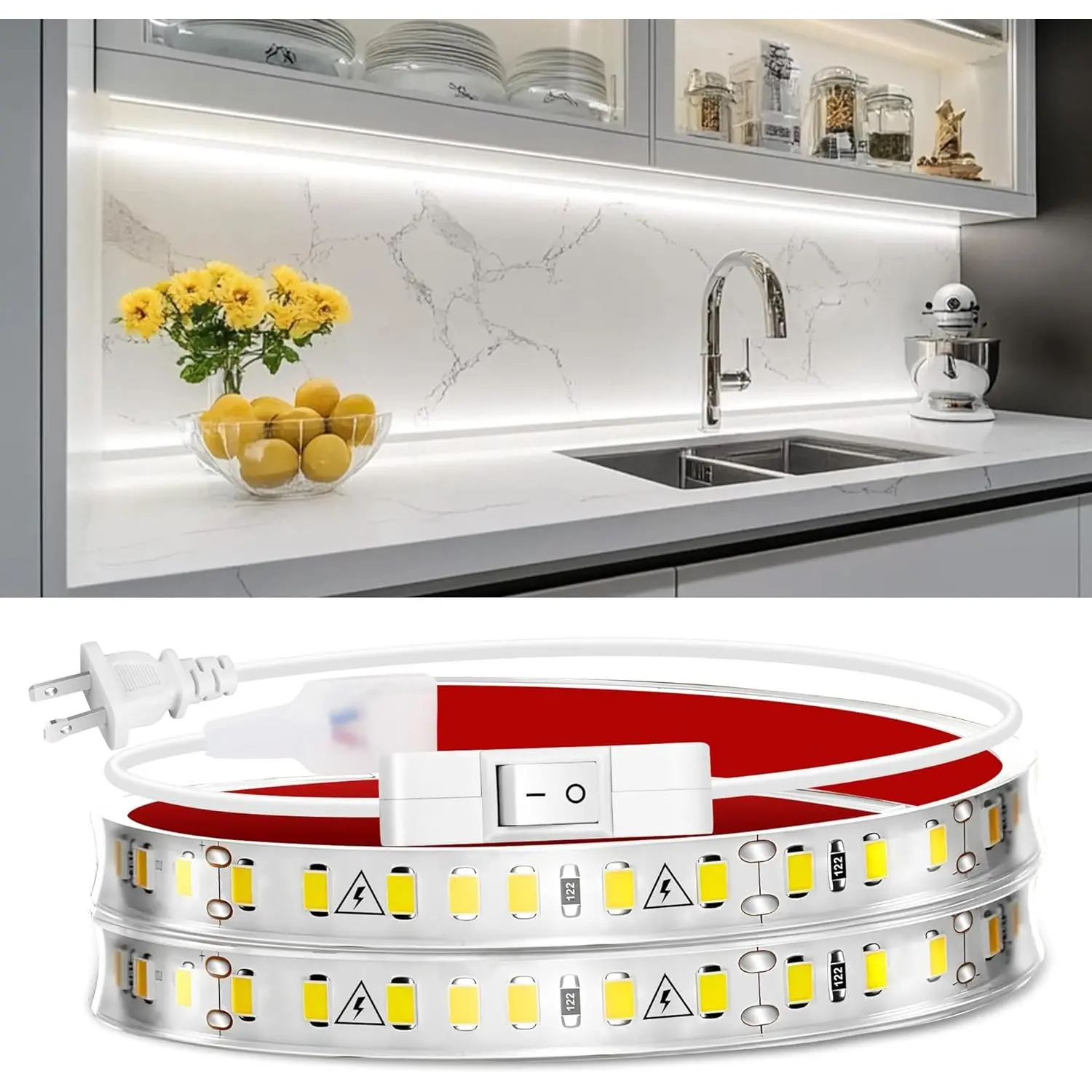 Under Cabinet Strip Lighting Plug in 24in, Ultra Bright Small LED Light Bar, 6000K Cool White, 110V-120V Wired Lights for Kitchen Cabinet, Counter, Workbench, Desk, Closet, Shelf, Indoor